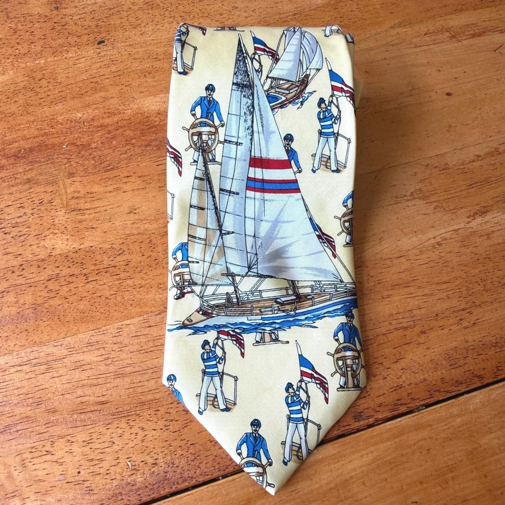 Alynn Neckwear Mens Silk Tie Nautical Sailboat Sailor Maritime Pale Yellow